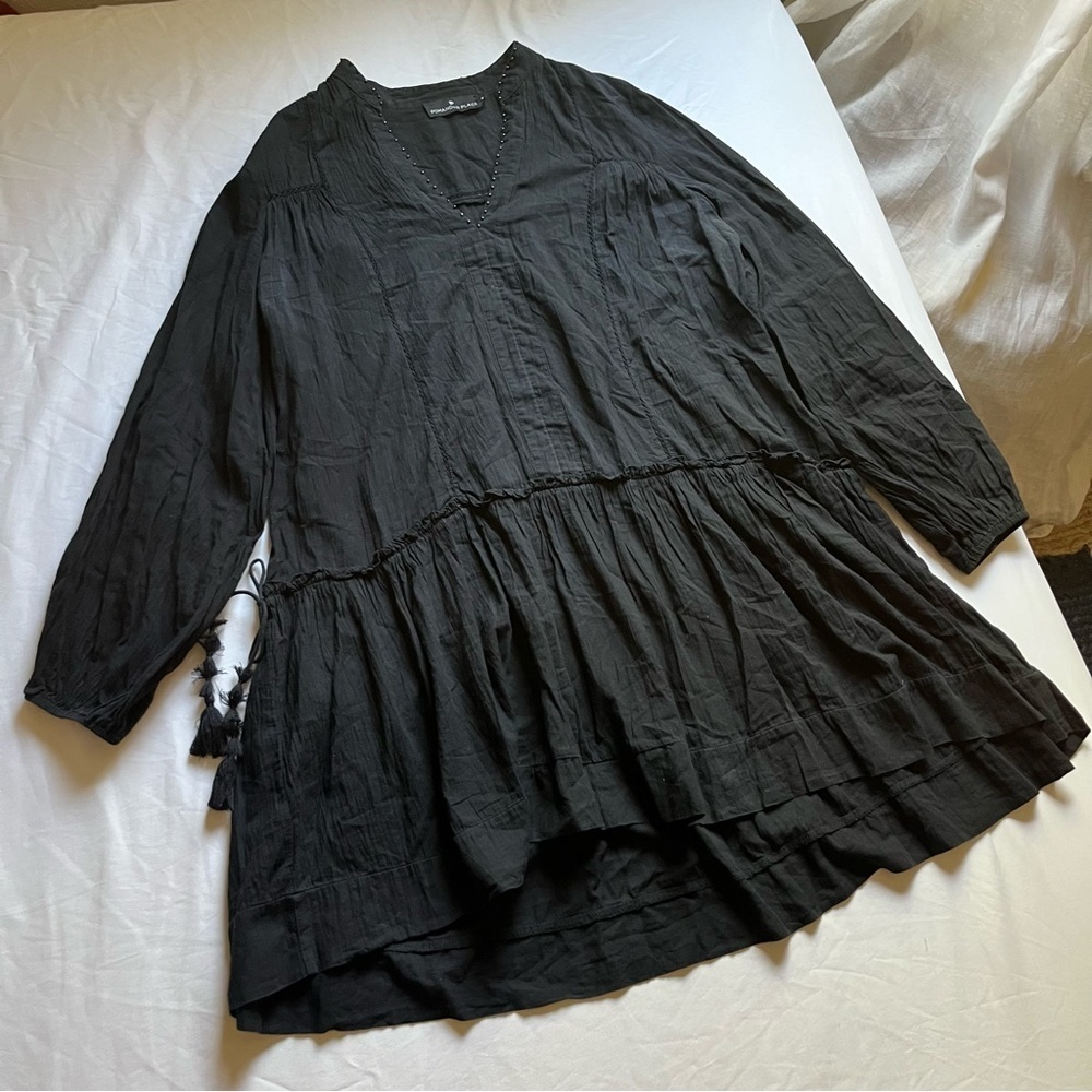 POMANDER PLACE black v neck tassel tie beaded long sleeve cotton mini‎ dress